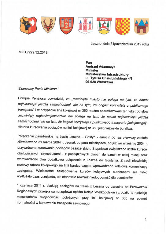 List samorządowców do ministra ws. pociągów