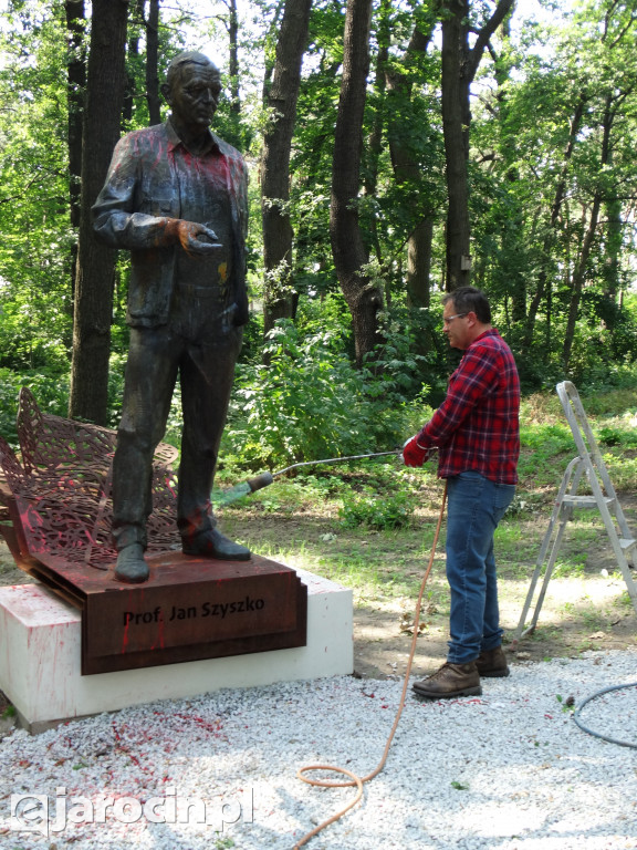 Czyszczenie pomnika prof. Jana Szyszko w Jarocinie