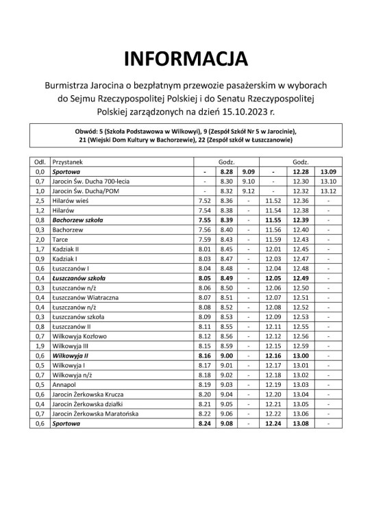 Darmowa komunikacja miejska do lokali wyborczych w gminie Jarocin