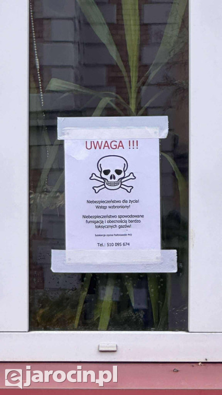 Tajemnicze czaszki i biało-czerwona taśma wokół prokuratury w Jarocinie.