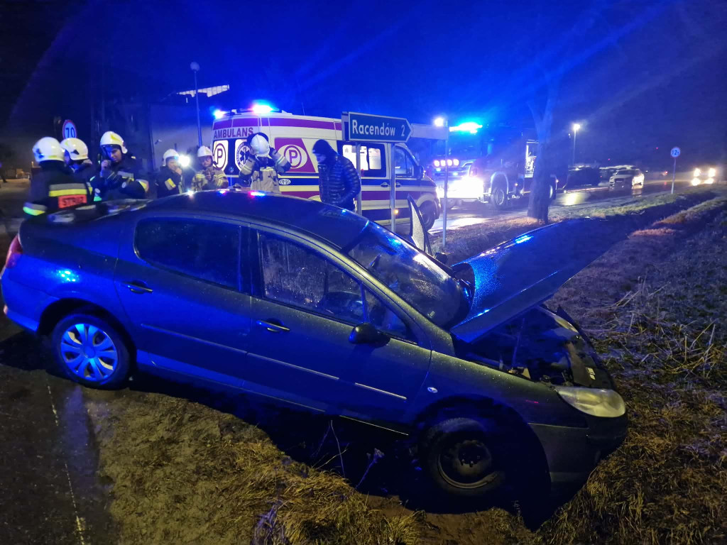 Peugeot na skraju rowu w Parzewie, kierowca w środku