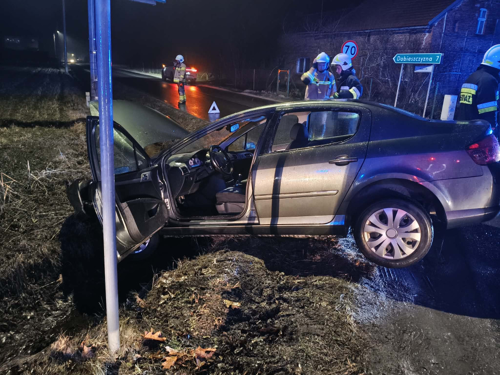 Peugeot na skraju rowu w Parzewie, kierowca w środku