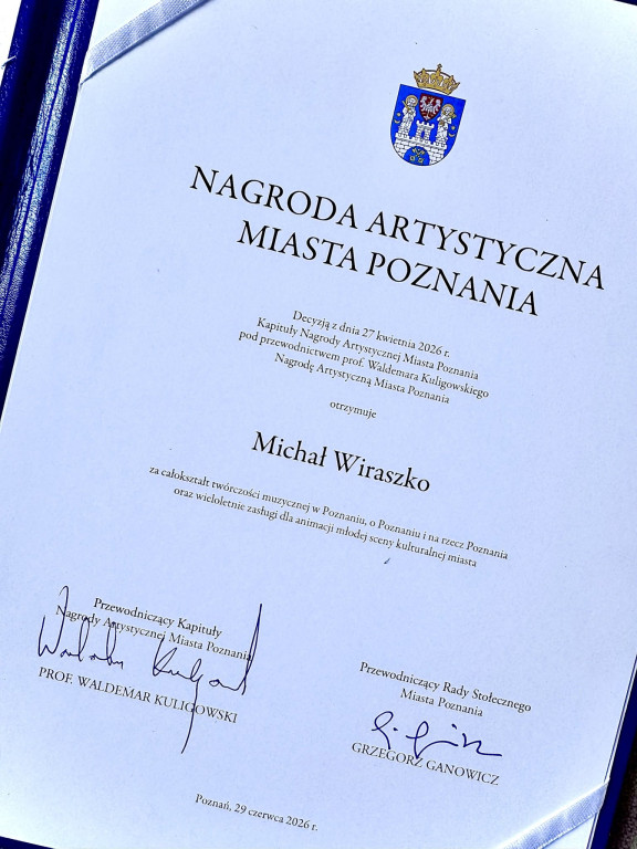 Michał Wiraszko z prestiżową Nagrodą Artystyczną Miasta Poznania