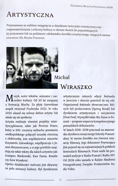 Michał Wiraszko z prestiżową Nagrodą Artystyczną Miasta Poznania