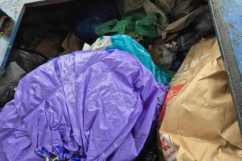 Butelki, kartony i węże basenowe w kontenerze na odpady zmieszane