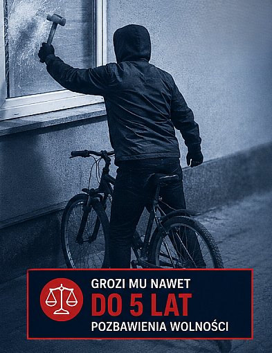 Podjechał rowerem i rozbił szybę młotkiem. Wszystko nagrał monitoring