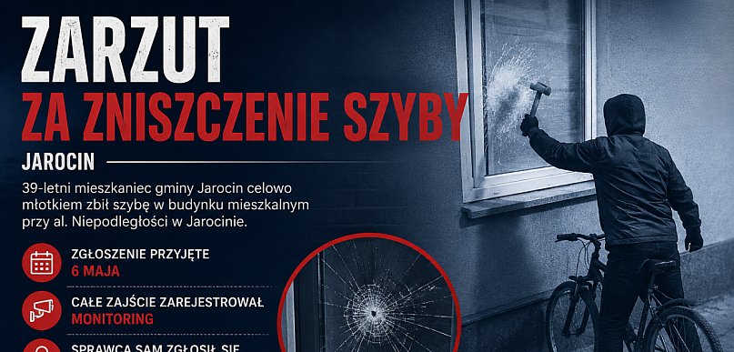Podjechał rowerem i rozbił szybę młotkiem. Wszystko nagrał monitoring